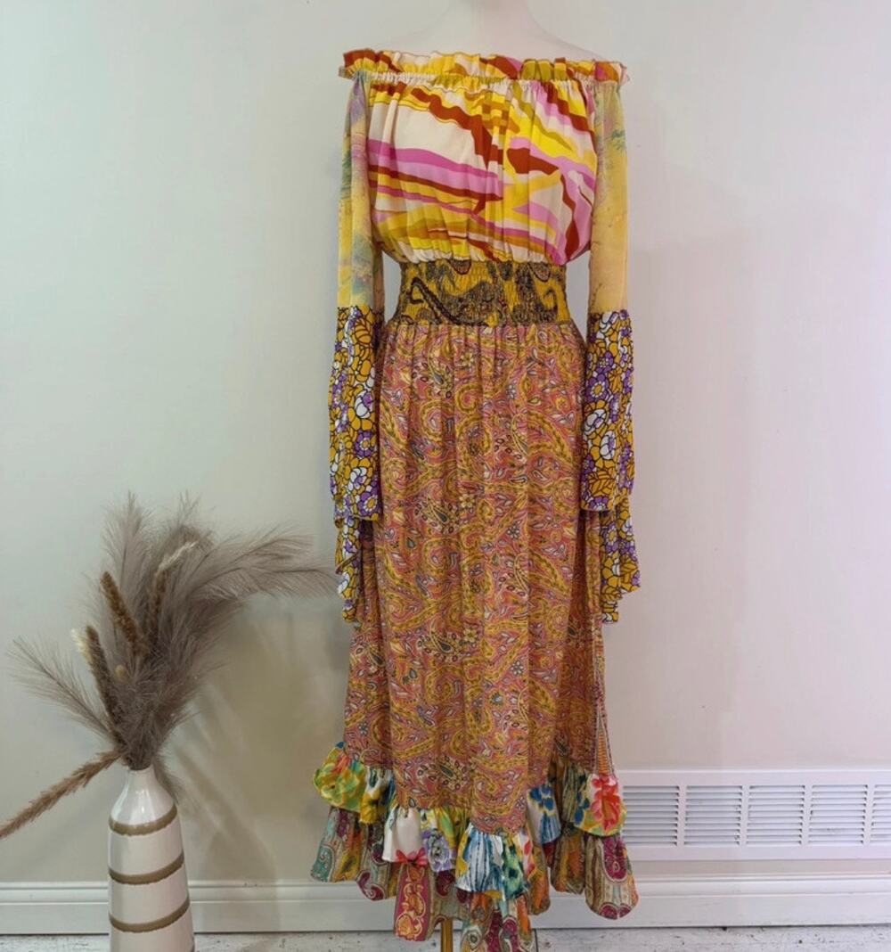 Earthbound Trading Co Patchwork Boho Maxi Dress Smocked Bell Sleeve Small
